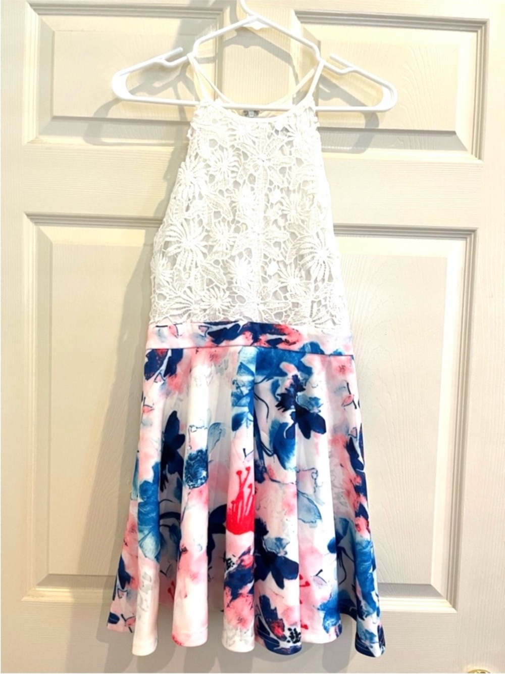 BANJUL White Lace Bodice Dress with Pink & Blue Watercolor Print